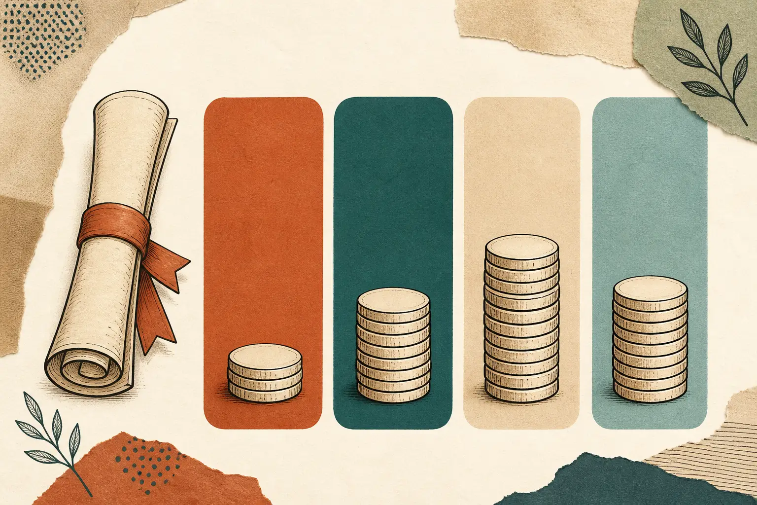 Illustrated comparison graphic: Tuition Fees Compared for non-EU students — diploma scroll, coin stacks and comparison columns.