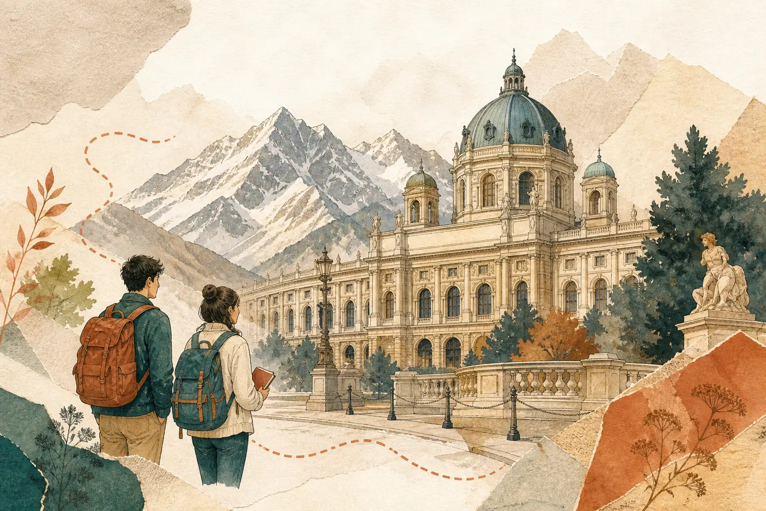 Illustration of studying in Austria for international students: Ringstrasse-style university dome and alpine peaks in a warm field-guide style.