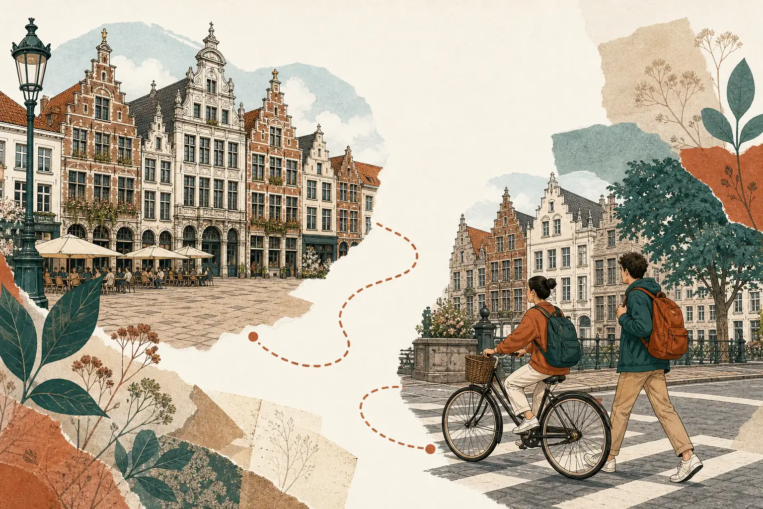 Illustration of studying in Belgium for international students: Gabled guild houses and a bicycle crossing in a warm field-guide style.