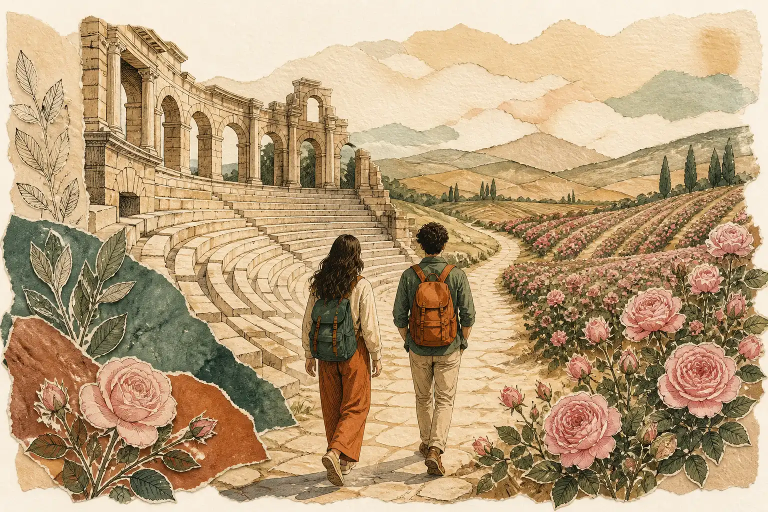Illustration of studying in Bulgaria for international students: Ancient theatre arcades and rose fields in a warm field-guide style.