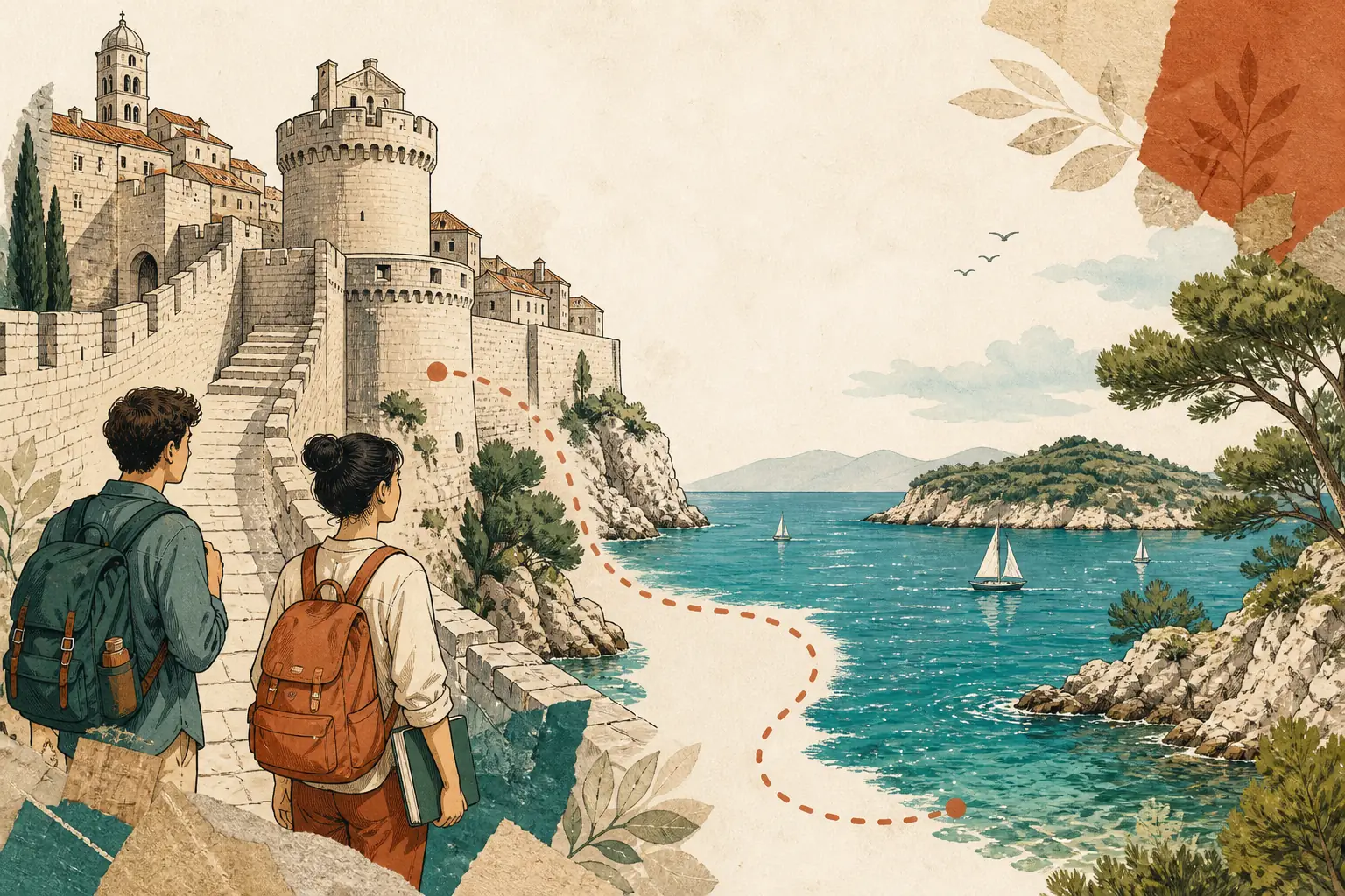 Illustration of studying in Croatia for international students: Limestone old-town wall and the Adriatic sea in a warm field-guide style.