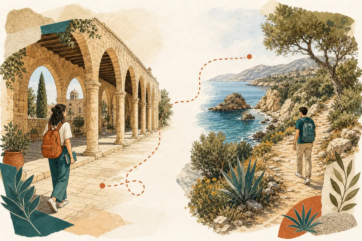 Illustration of studying in Cyprus for international students: Stone arcade and a Mediterranean coastal path in a warm field-guide style.