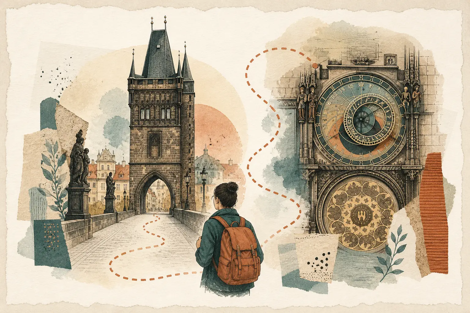 Illustration of studying in Czechia for international students: Stone bridge tower and an astronomical clock detail in a warm field-guide style.