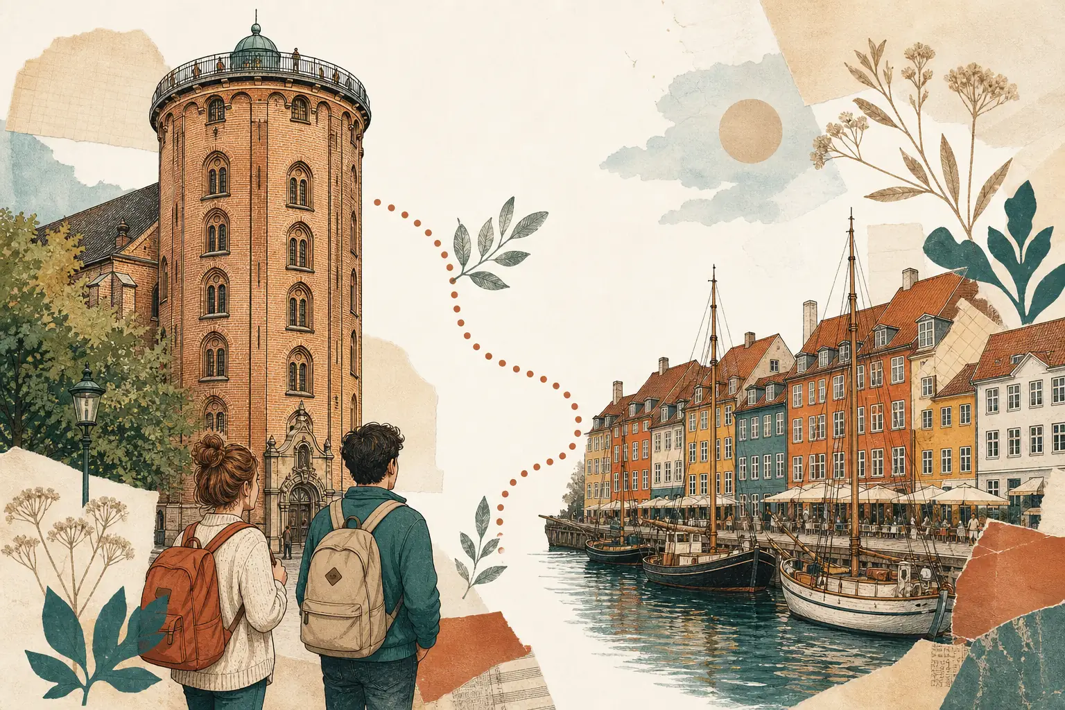 Illustration of studying in Denmark for international students: Round tower and a cozy harbour front in a warm field-guide style.