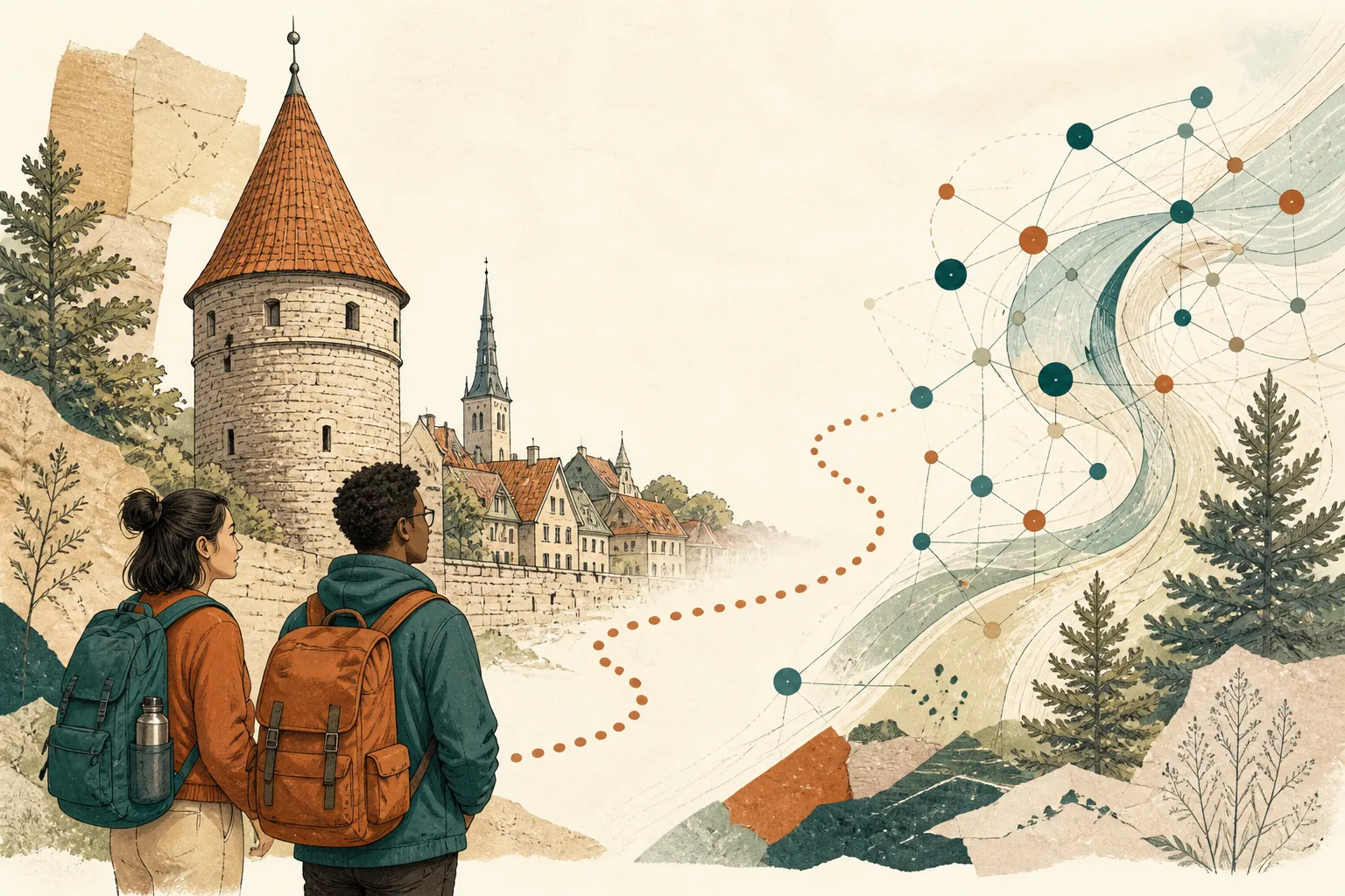 Illustration of studying in Estonia for international students: Medieval town tower and flowing digital nodes in a warm field-guide style.