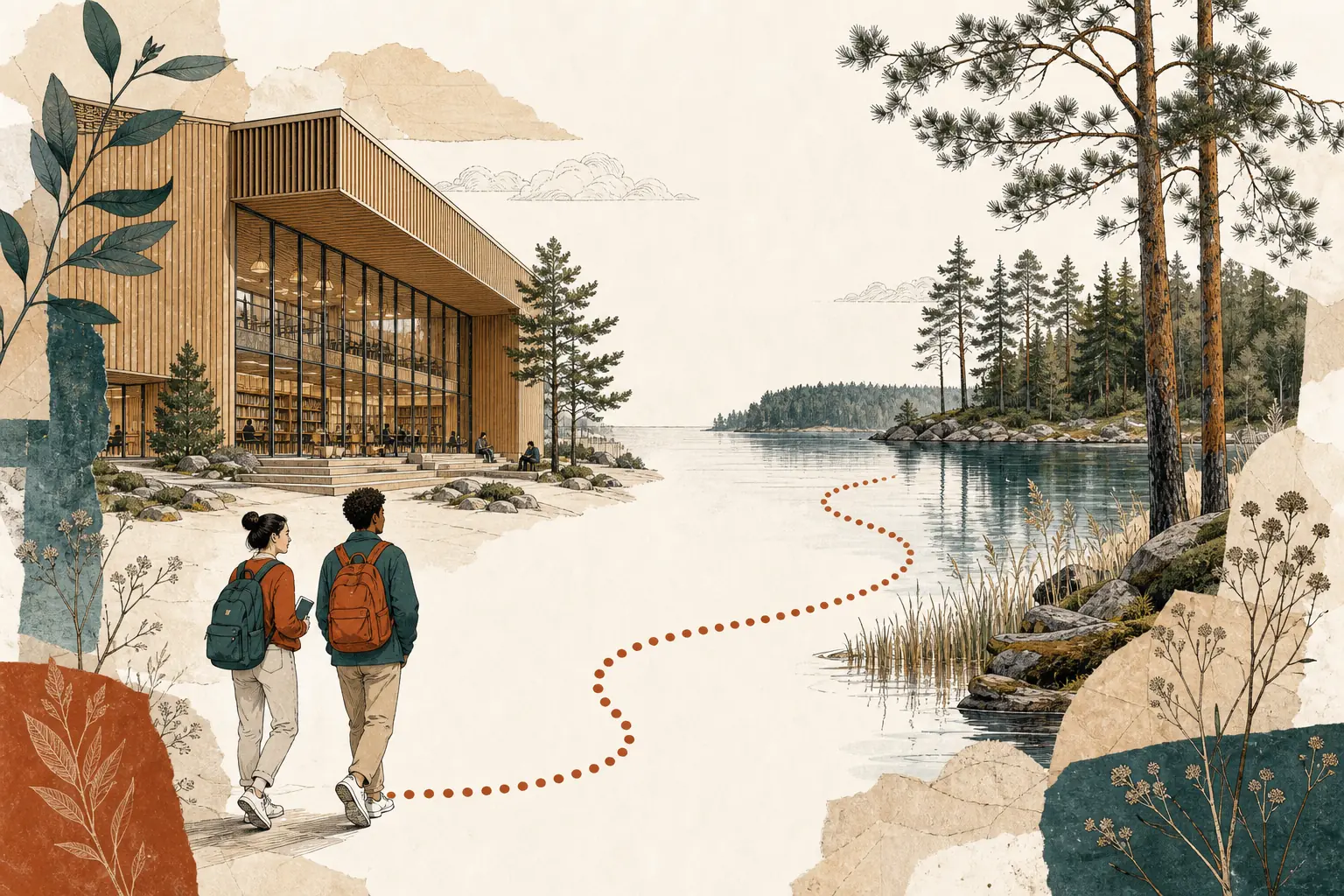 Illustration of studying in Finland for international students: Modern timber library and a calm lake shore in a warm field-guide style.