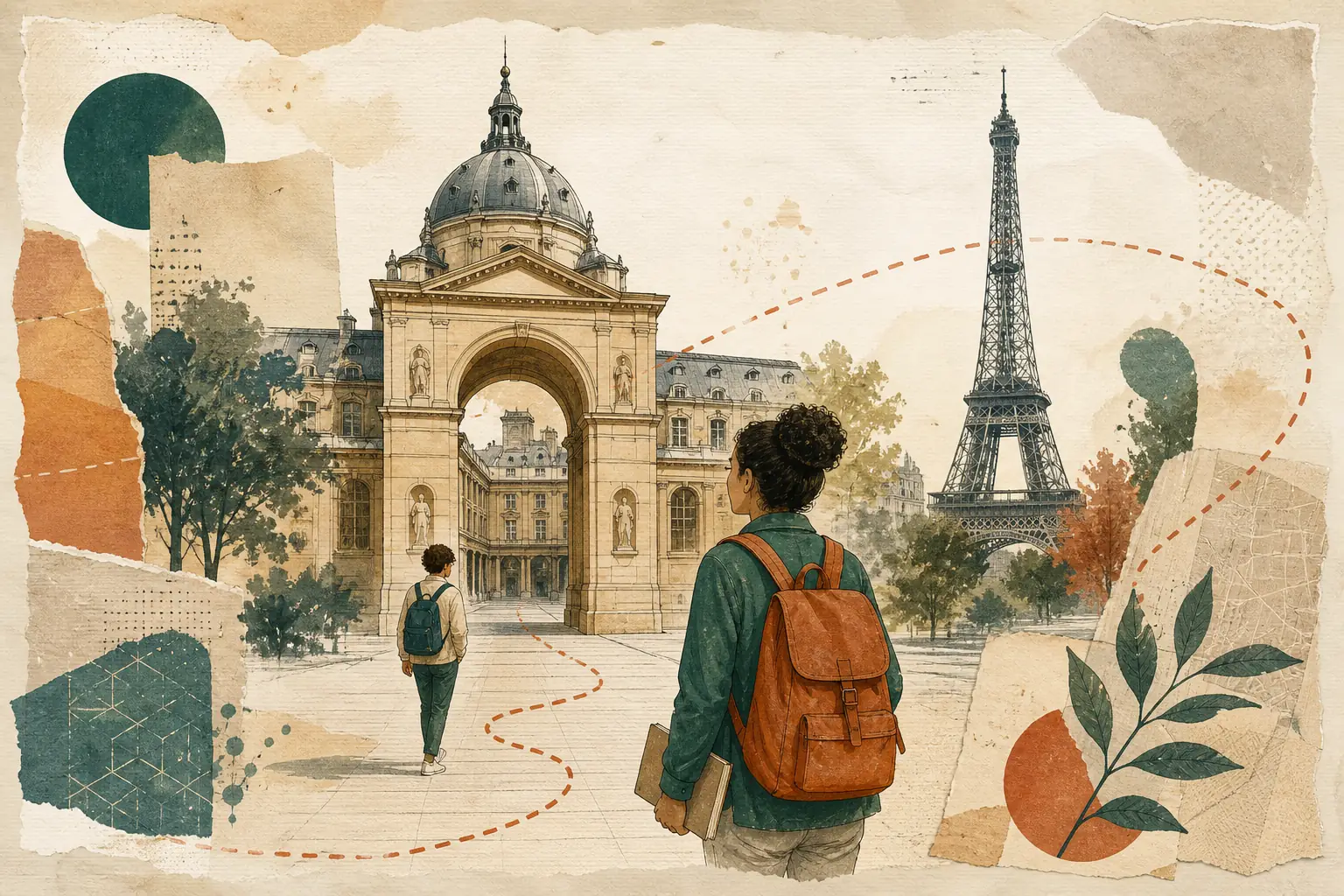 Illustration of studying in France for international students: Sorbonne-style courtyard arch and an elegant iron tower silhouette in a warm field-guide style.