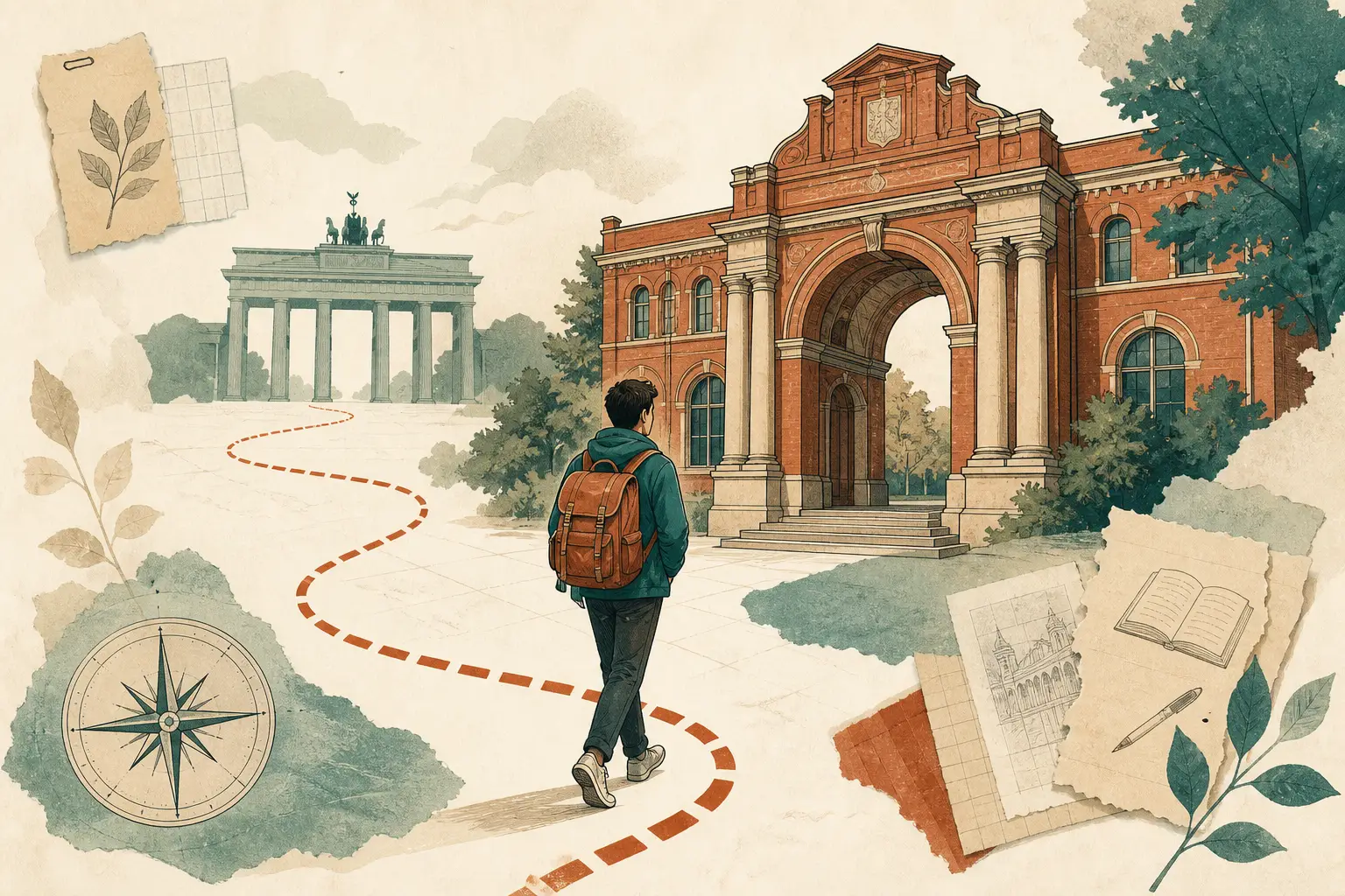 Illustration of studying in Germany for international students: Brandenburg Gate silhouette and a red-brick university arch in a warm field-guide style.