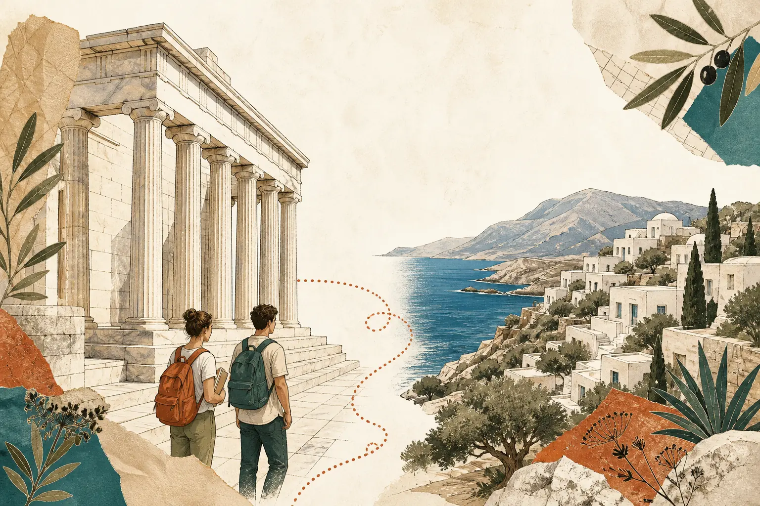 Illustration of studying in Greece for international students: Marble colonnade and an island hillside in a warm field-guide style.