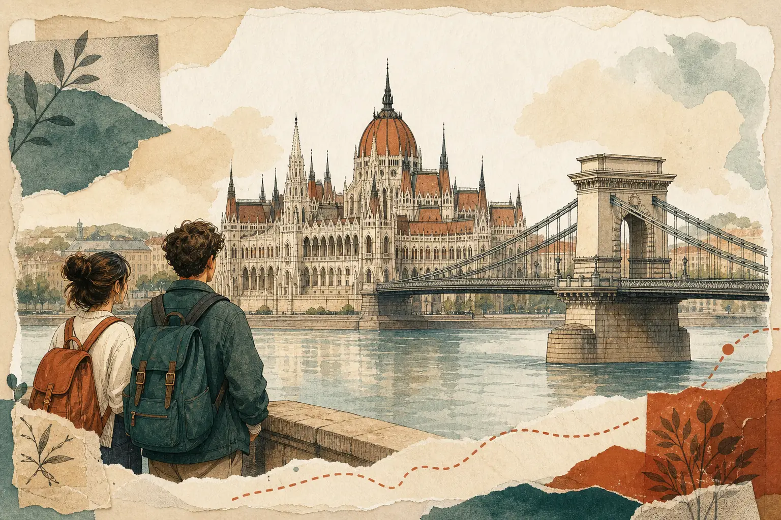 Illustration of studying in Hungary for international students: Gothic riverside dome and chain bridge silhouette in a warm field-guide style.