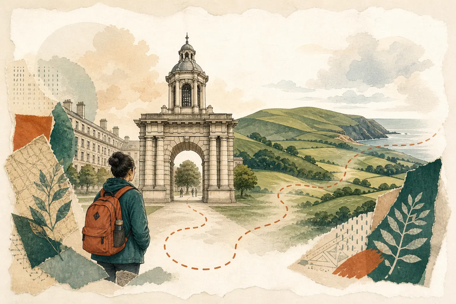 Illustration of studying in Ireland for international students: Georgian university arch and rolling green hills in a warm field-guide style.