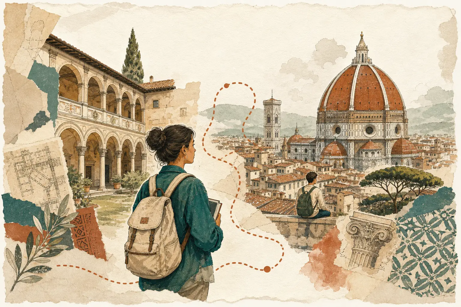 Illustration of studying in Italy for international students: Renaissance courtyard and a tiled dome skyline in a warm field-guide style.