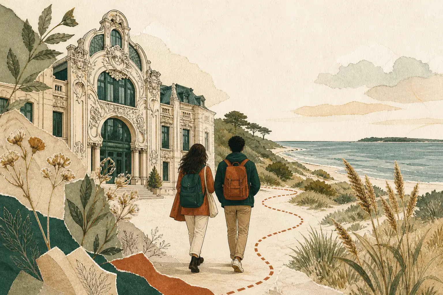 Illustration of studying in Latvia for international students: Art nouveau facade and the Baltic coast in a warm field-guide style.