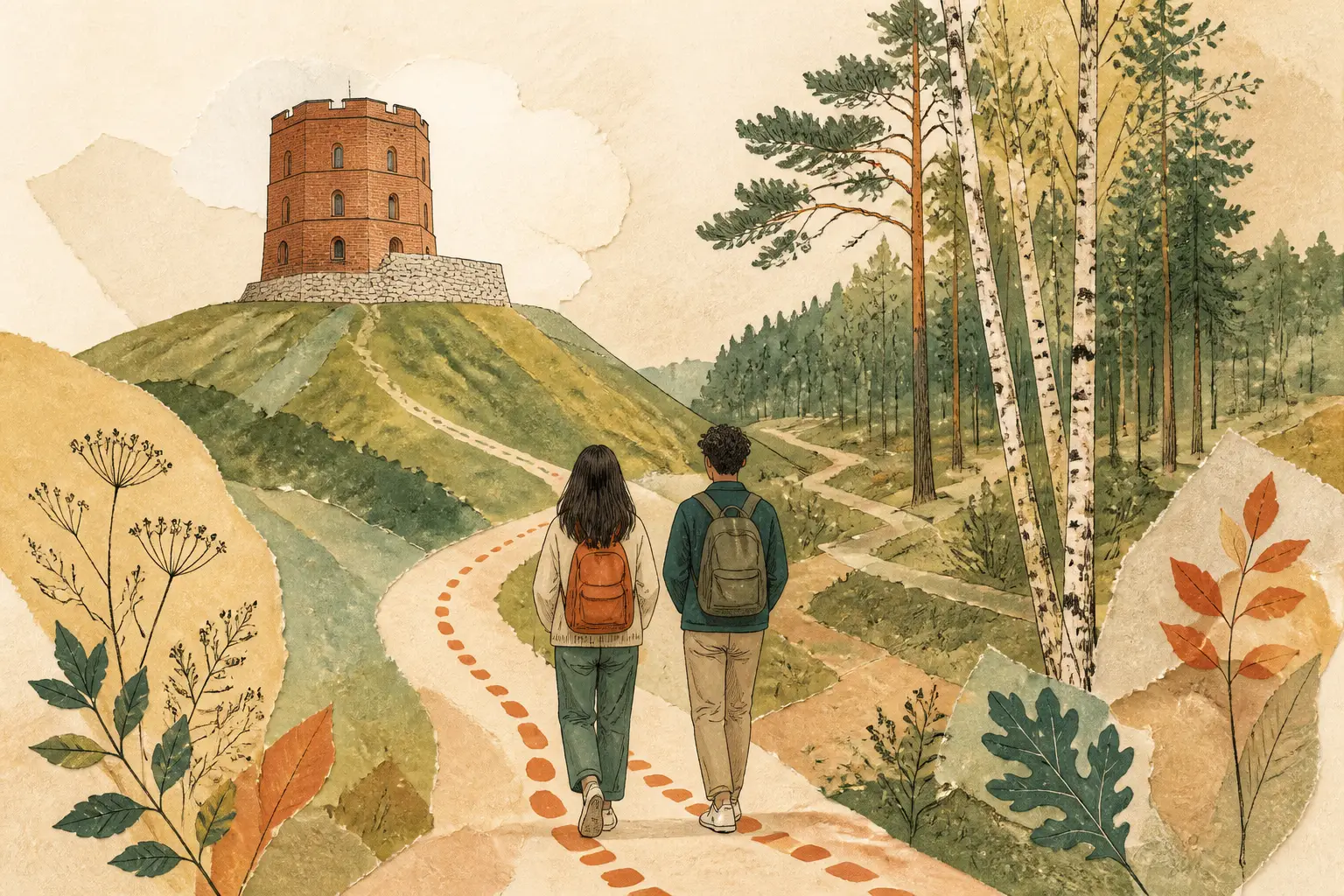 Illustration of studying in Lithuania for international students: Brick tower on a hill and winding forest paths in a warm field-guide style.