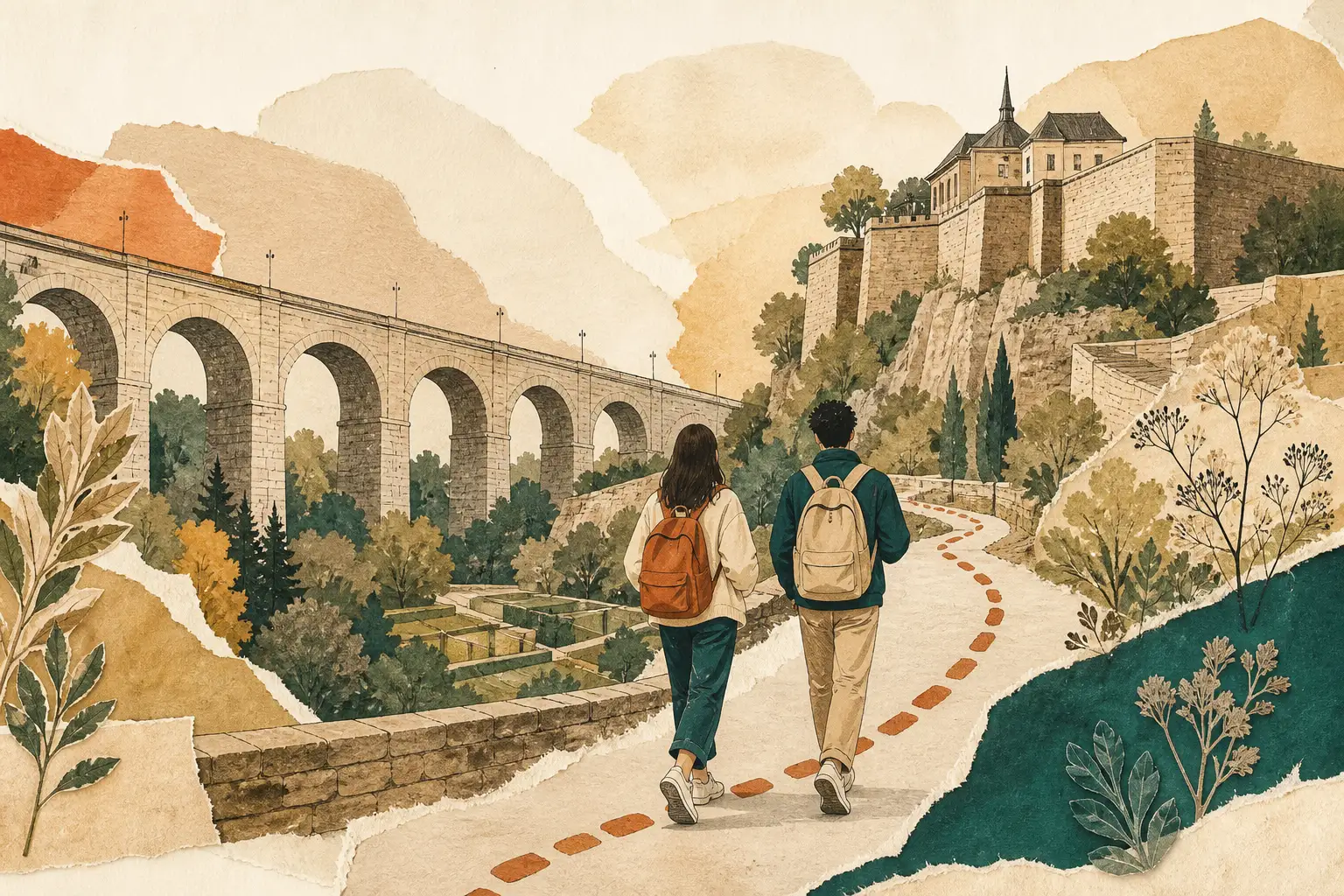 Illustration of studying in Luxembourg for international students: Stone viaduct arches and fortress walls in a warm field-guide style.