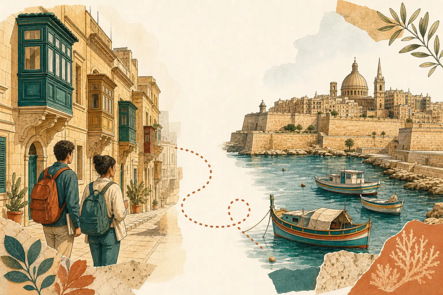 Illustration of studying in Malta for international students: Valletta stone balconies and a limestone harbour in a warm field-guide style.