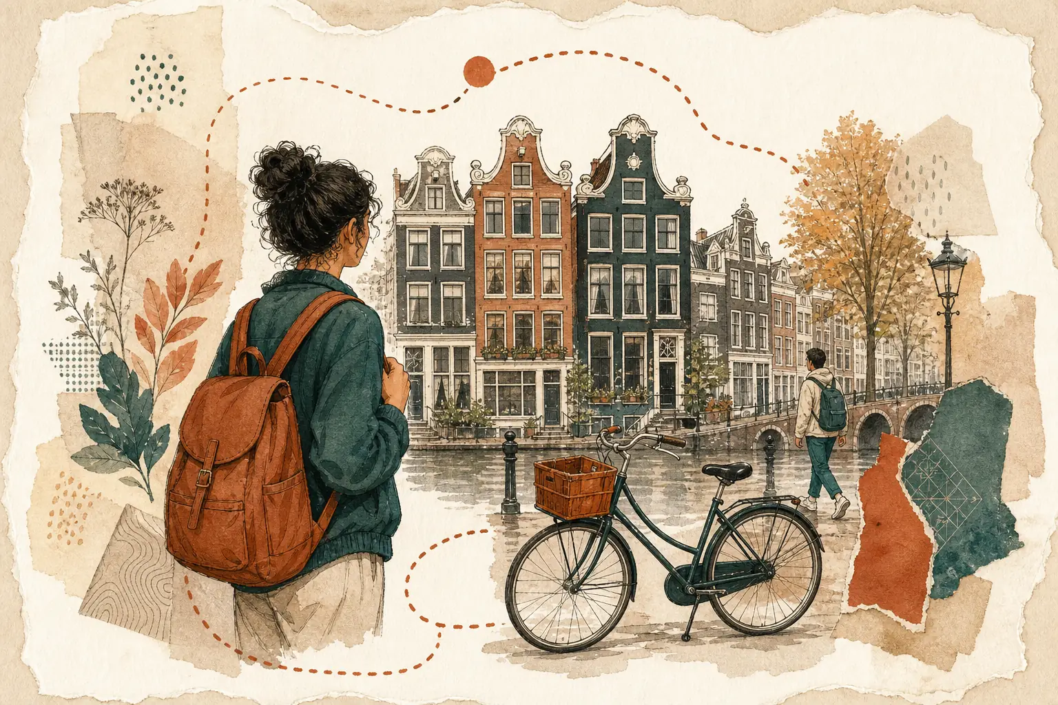 Illustration of studying in Netherlands for international students: Amsterdam canal house gables and a student bicycle in a warm field-guide style.