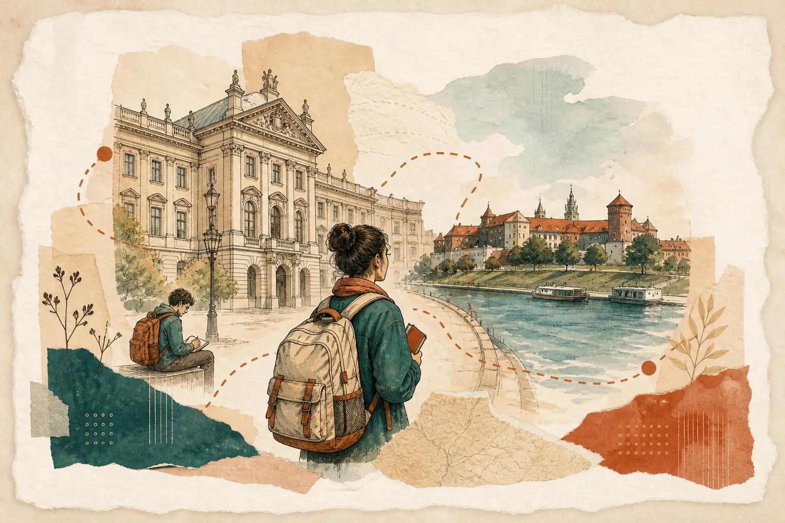 Illustration of studying in Poland for international students: Classic university facade and the Vistula riverbank in a warm field-guide style.