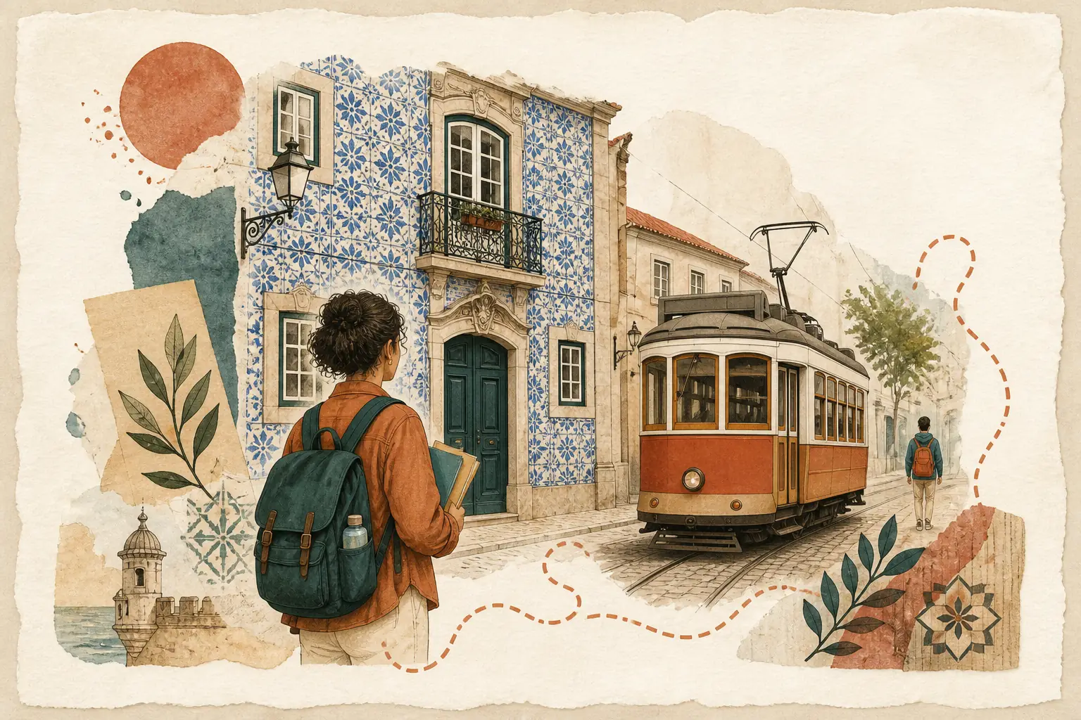 Illustration of studying in Portugal for international students: Azulejo-tiled facade and a vintage tram in a warm field-guide style.