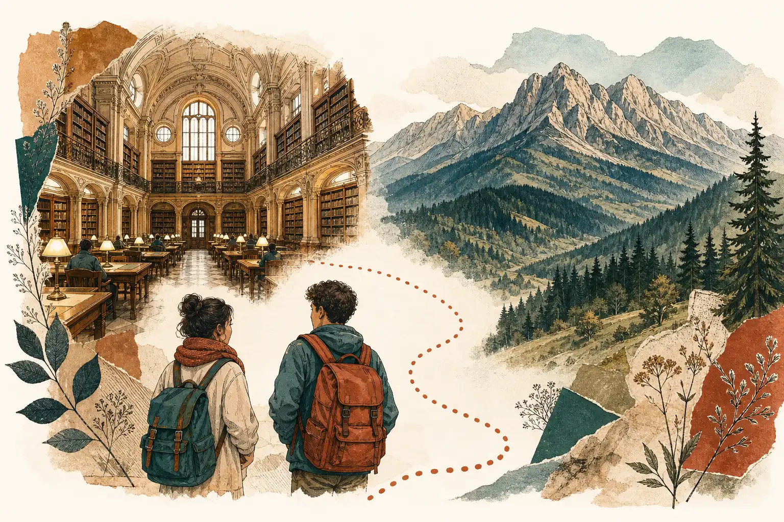 Illustration of studying in Romania for international students: Grand reading hall interior and Carpathian ridge in a warm field-guide style.