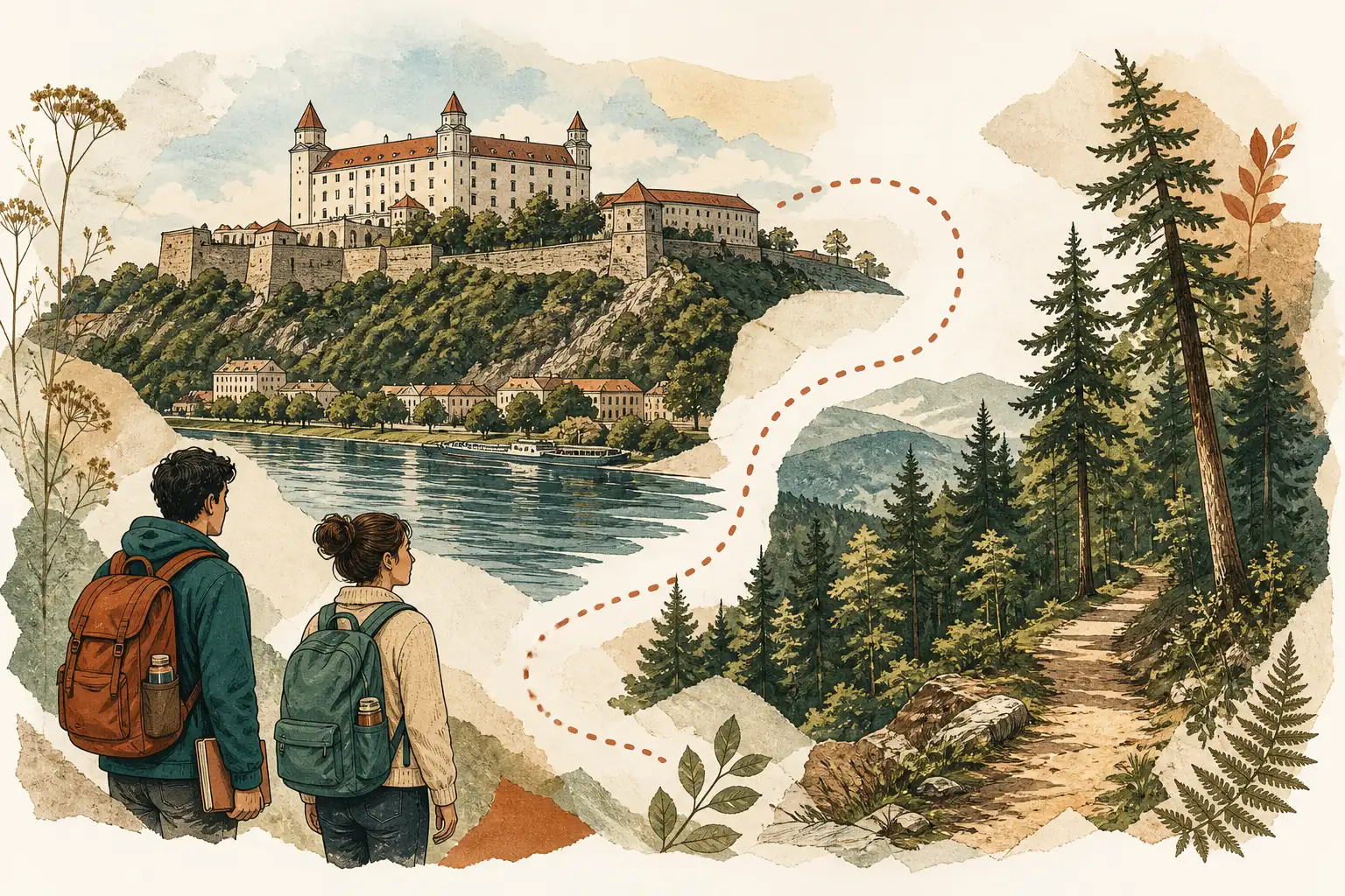 Illustration of studying in Slovakia for international students: Castle hill above the river and forest paths in a warm field-guide style.