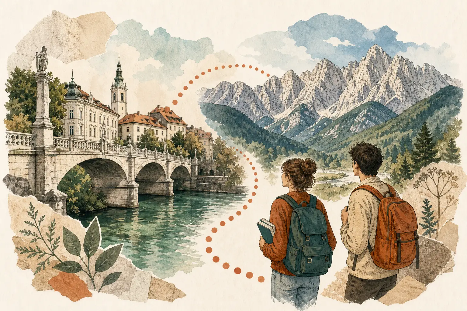 Illustration of studying in Slovenia for international students: Riverside bridge and Julian Alps ridge in a warm field-guide style.