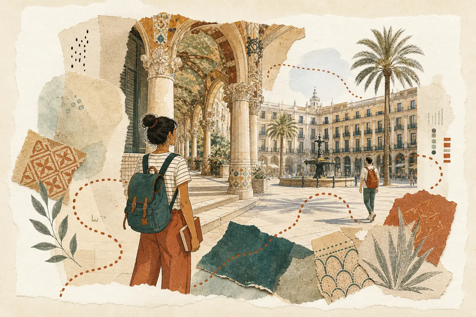 Illustration of studying in Spain for international students: Modernista arcade and a sunlit plaza in a warm field-guide style.