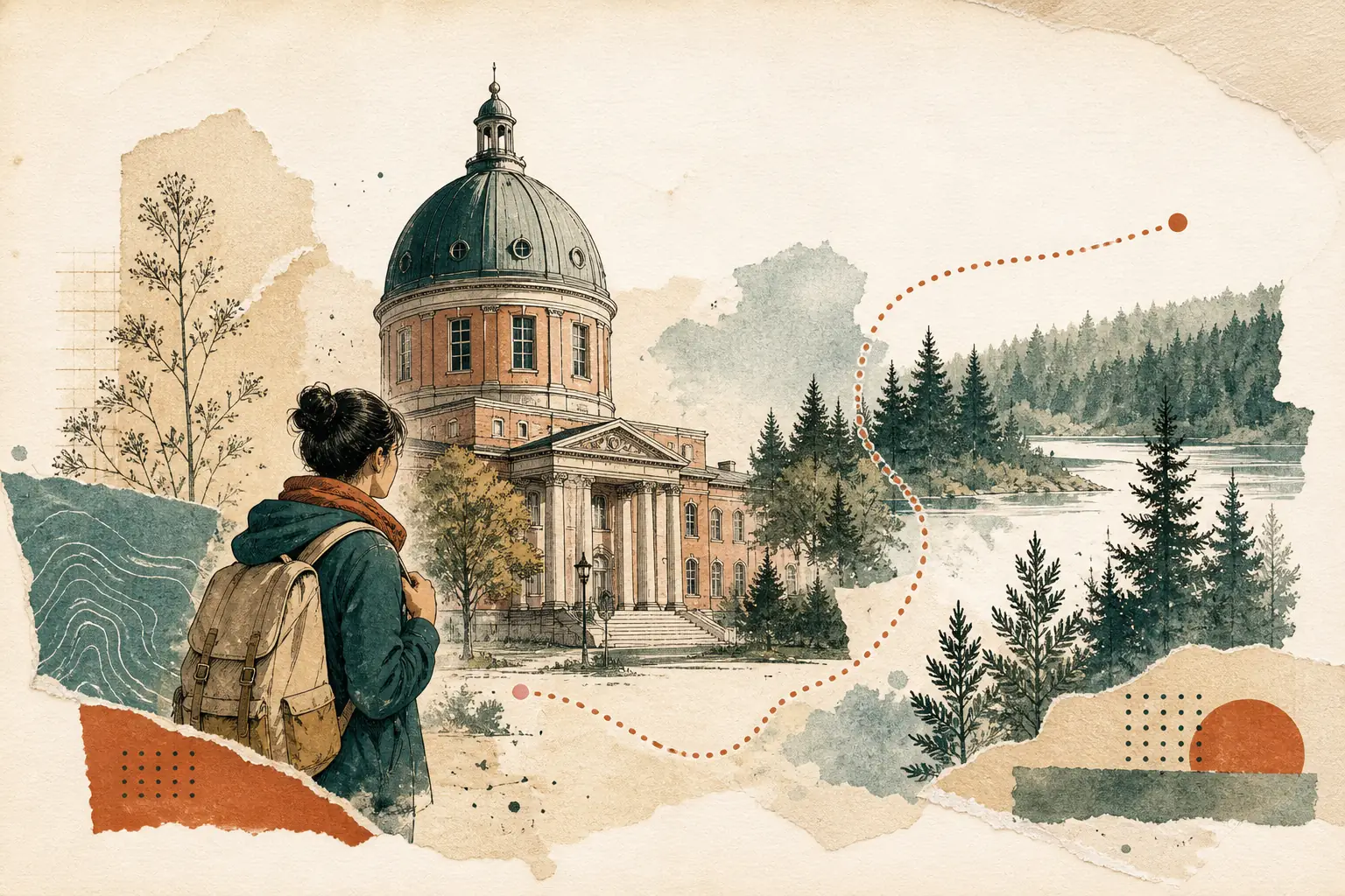 Illustration of studying in Sweden for international students: Uppsala-style university dome and northern forest in a warm field-guide style.
