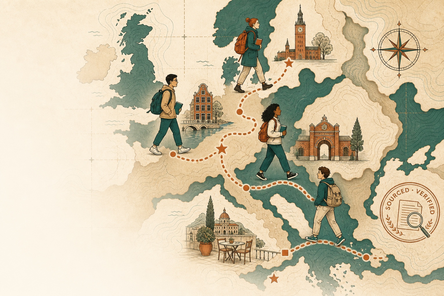 Abstract editorial illustration of a terracotta route through geometric suggestions of Europe.