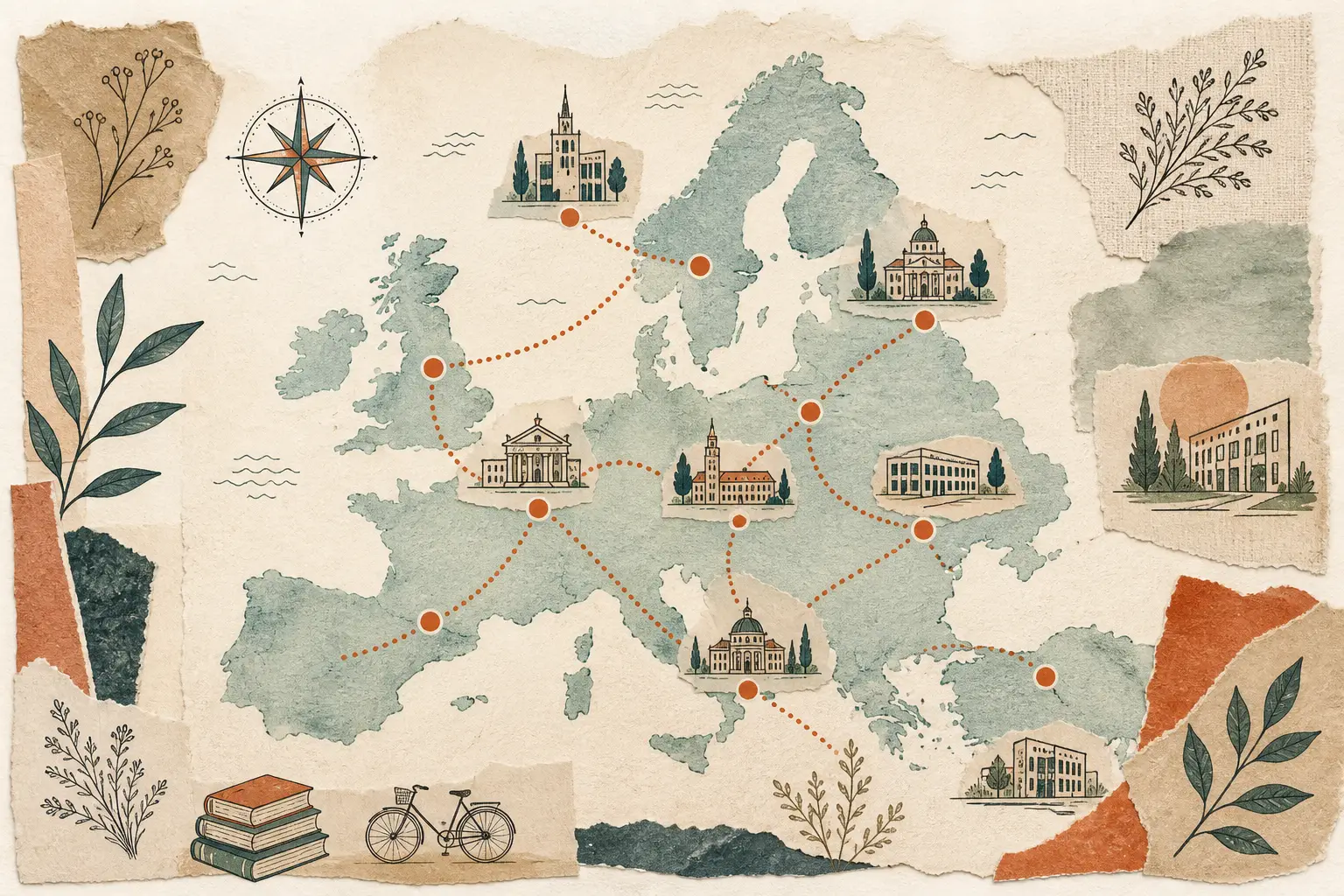 Illustration for the Country guides hub on studyinthe.eu: mini map of Europe with dotted routes connecting study cities.