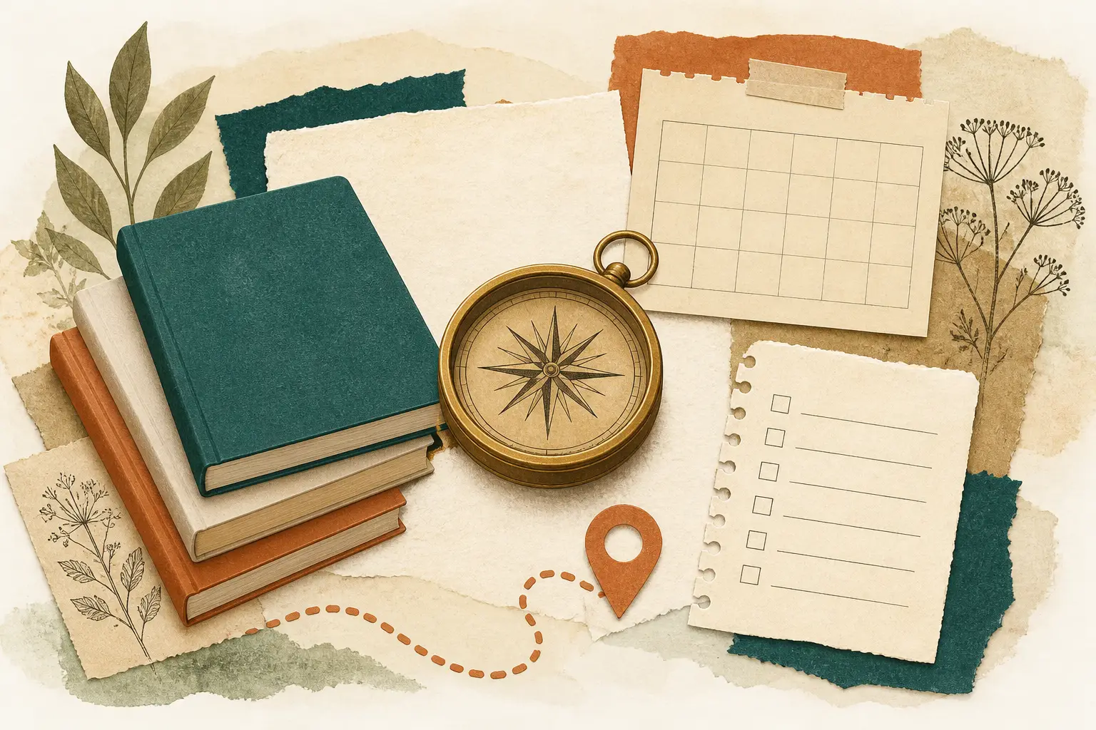 Illustration for the Topic guides hub on studyinthe.eu: compass, guide chapters and small planning icons.