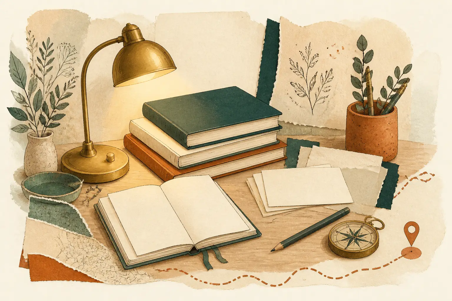 Illustration for the About page of studyinthe.eu: editorial desk with guides, notes and a lamp.