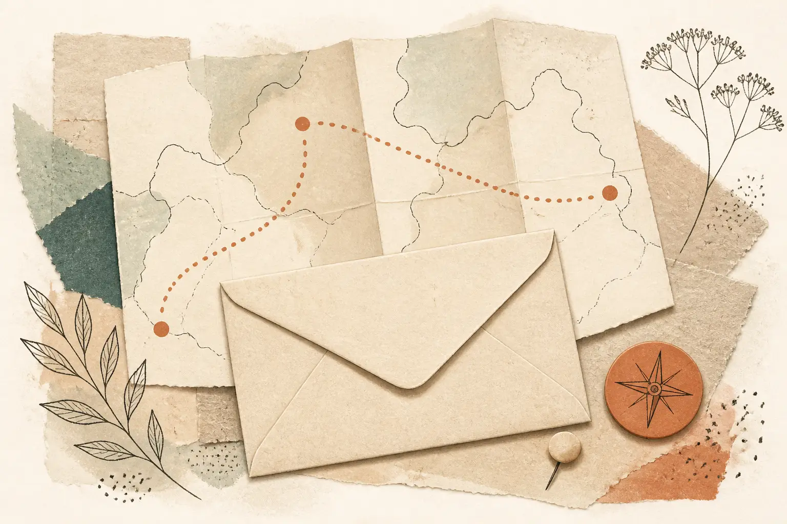 Illustration for the Newsletter page of studyinthe.eu: envelope with a dotted route across a map.
