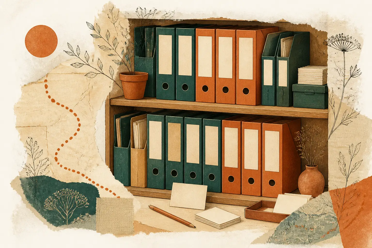 Illustration for the Sources page of studyinthe.eu: archive shelves with labelled reference binders.