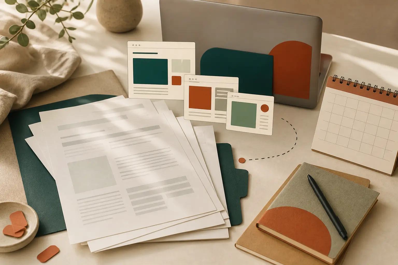 Warm editorial photo illustration about Application Portals and Deadlines for international students in the EU: application documents, portal windows and a deadline calendar.