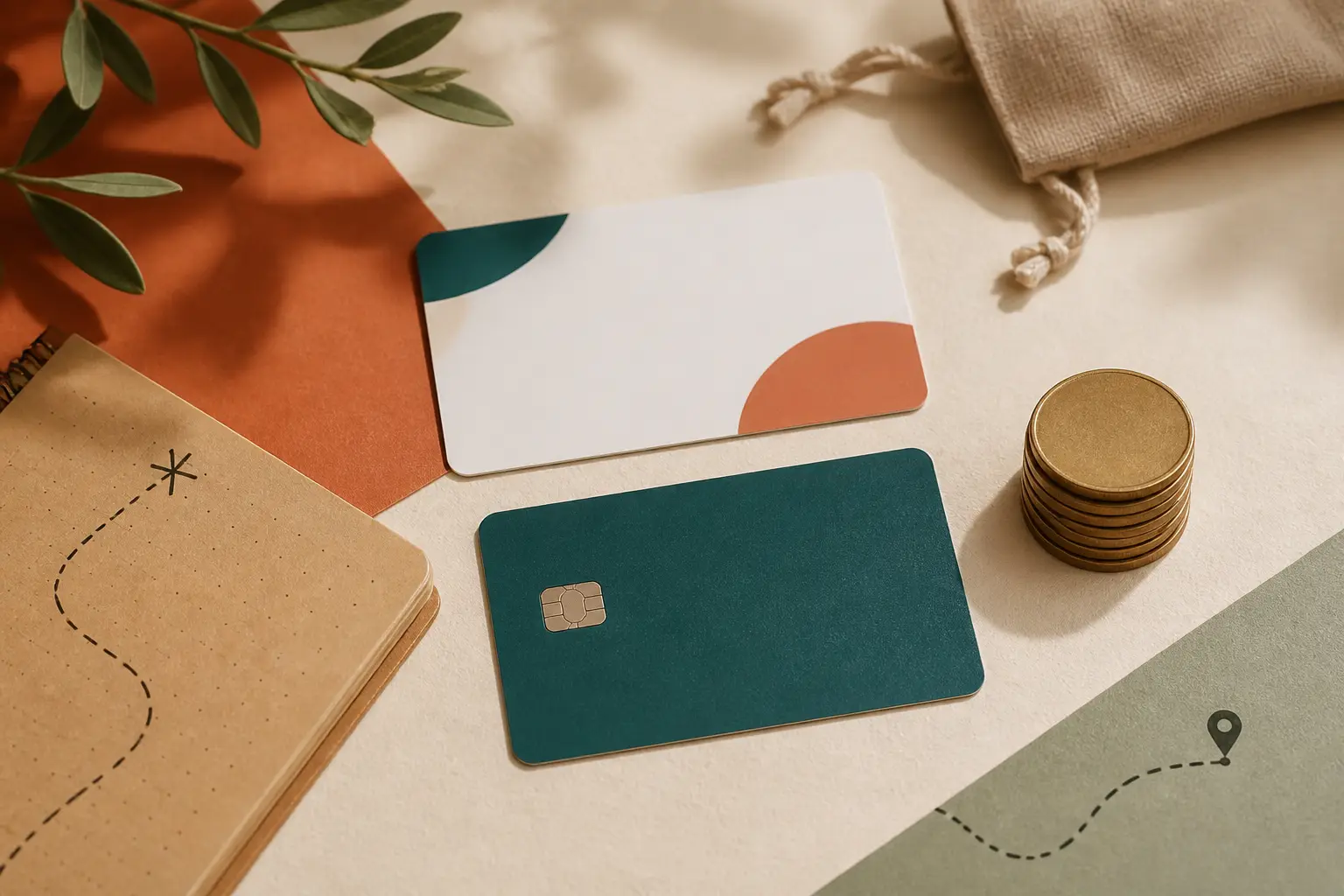 Warm editorial photo illustration about Bank Accounts and Student Finances for international students in the EU: student card, bank card and savings coins.