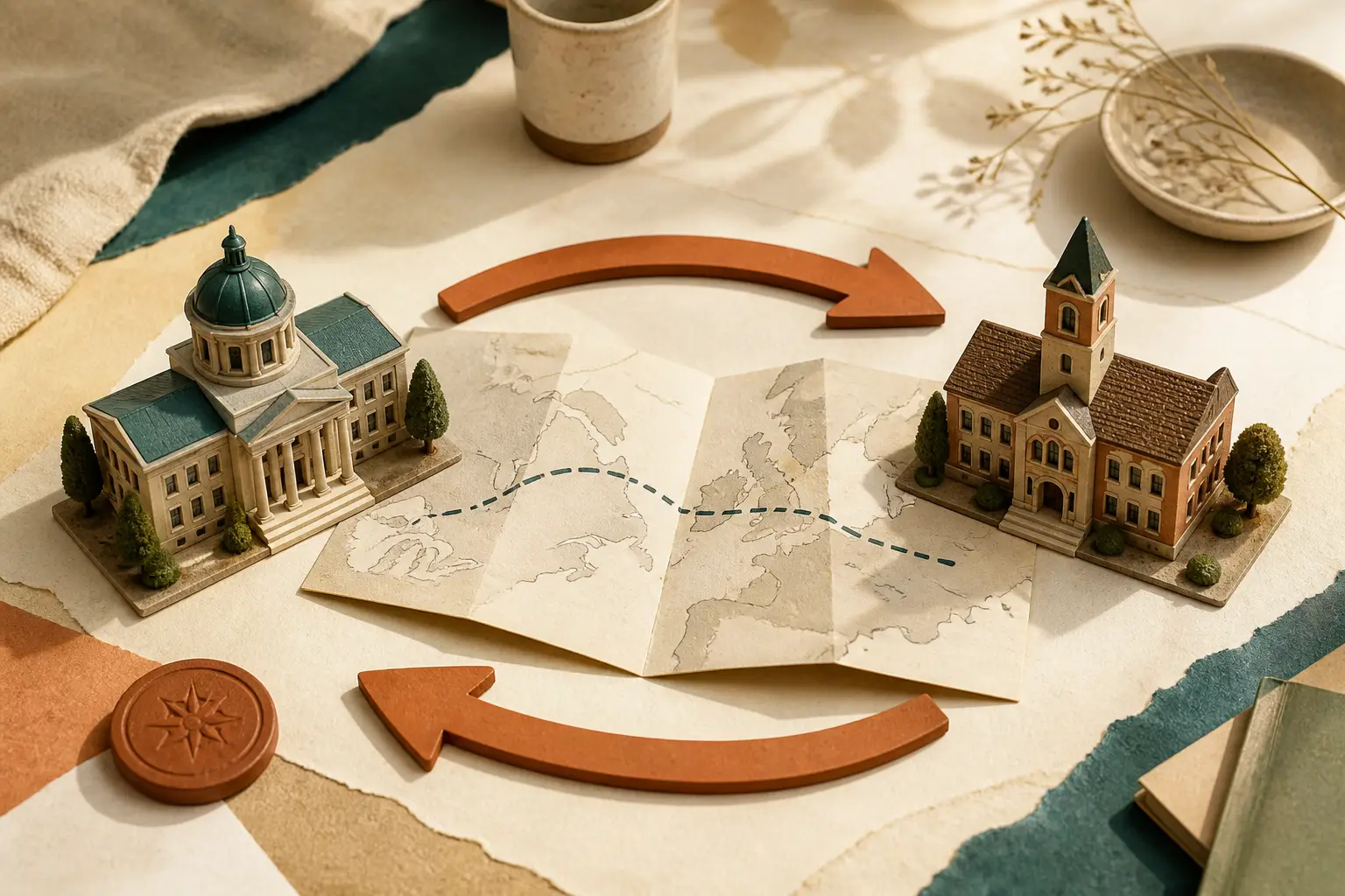 Warm editorial photo illustration about Erasmus+ for international students in the EU: exchange arrows, route map and two campuses.