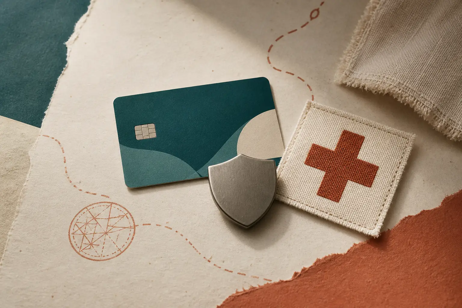 Warm editorial photo illustration about Health Insurance for international students in the EU: health card, shield and a first-aid cross.