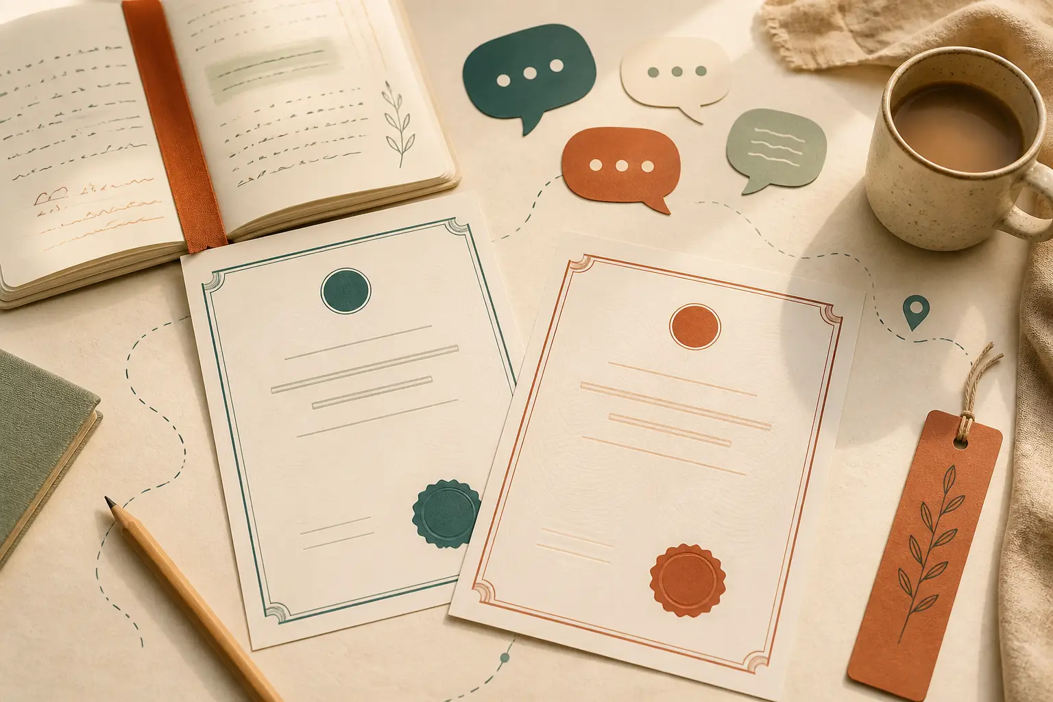 Warm editorial photo illustration about Language Requirements for international students in the EU: language certificates, speech bubbles and study notes.
