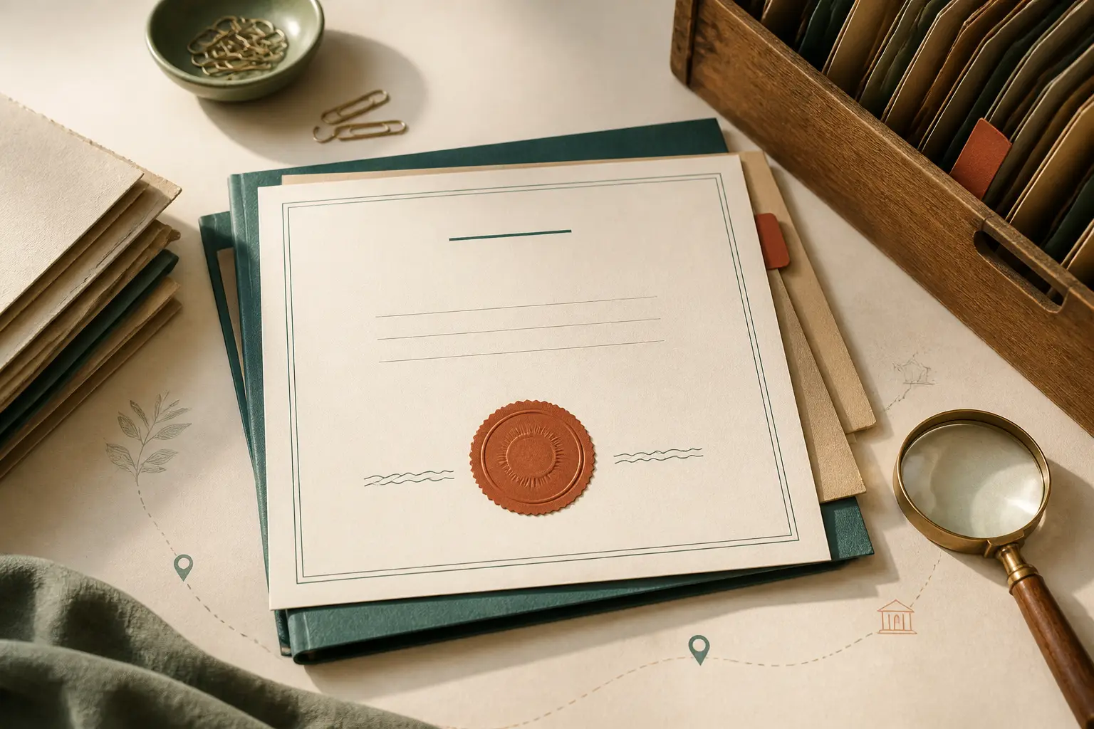 Warm editorial photo illustration about Recognition of Qualifications for international students in the EU: certificate with an official recognition seal and archive.