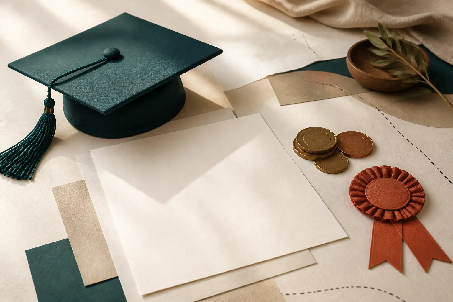 Warm editorial photo illustration about Scholarships and Student Funding for international students in the EU: graduation cap, funding coins and an award ribbon.