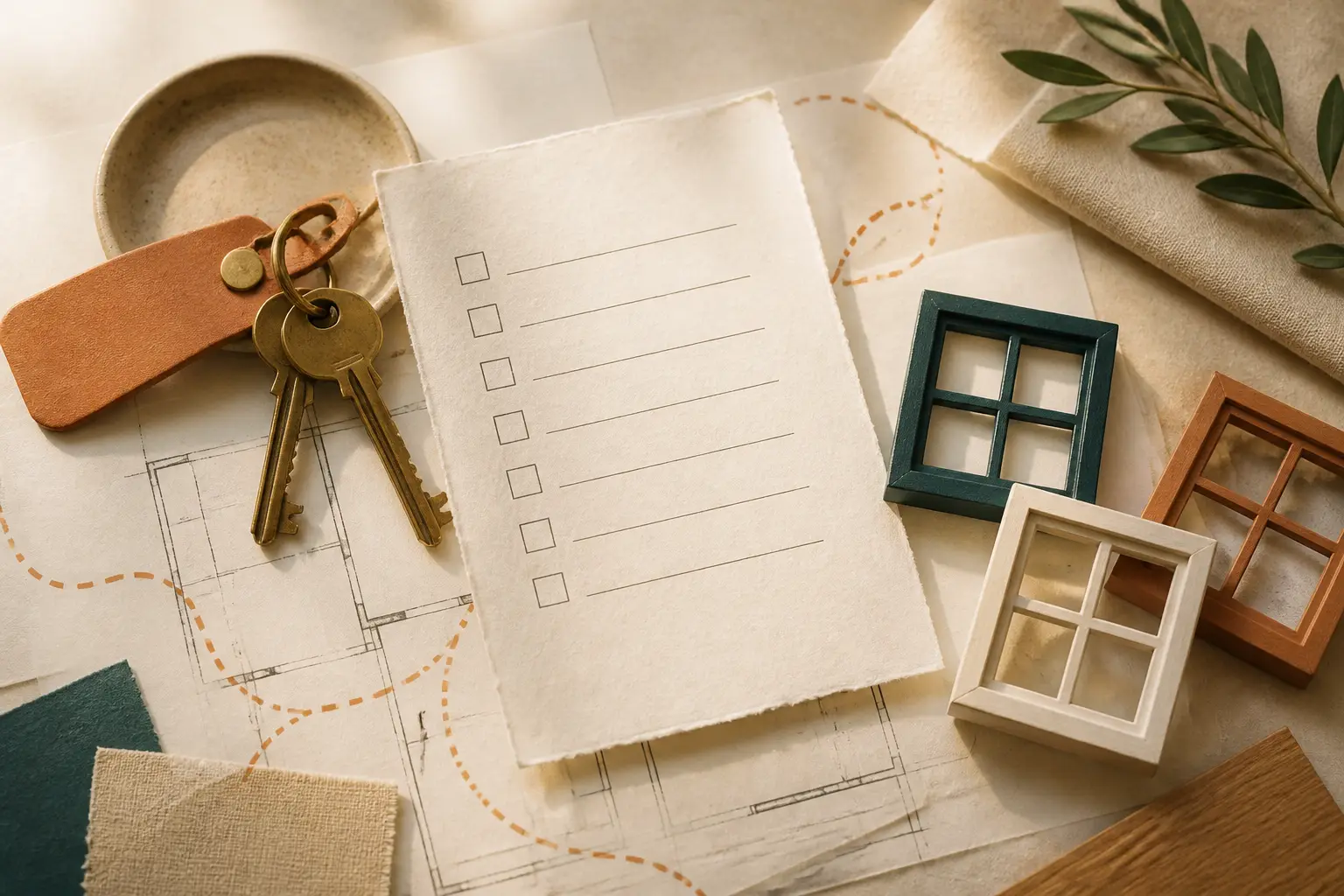 Warm editorial photo illustration about Housing and Student Accommodation for international students in the EU: room keys, window frames and a housing checklist.