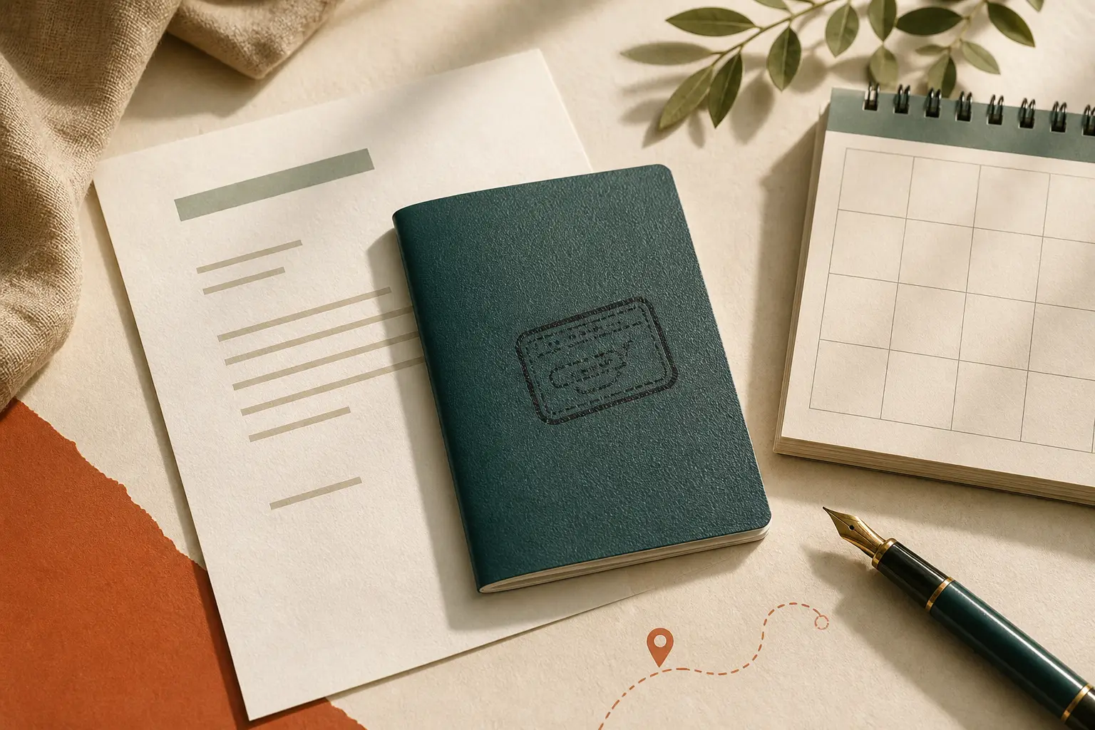 Warm editorial photo illustration about Student Visa for the EU for international students in the EU: passport with a visa stamp, admission letter and planning calendar.