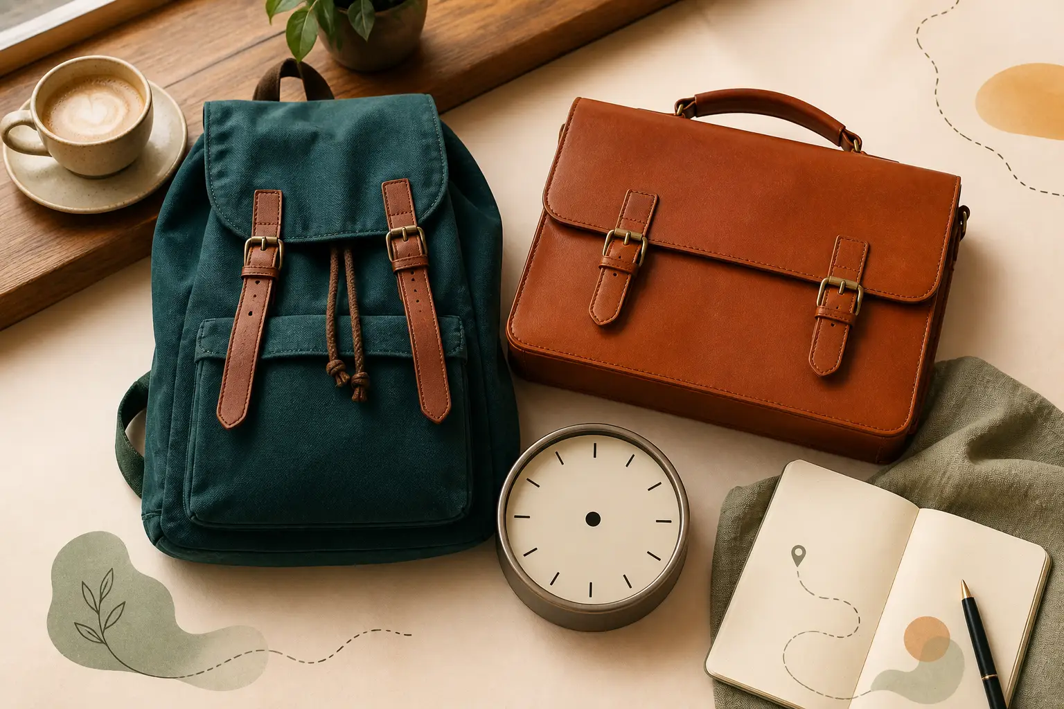 Warm editorial photo illustration about Working While Studying for international students in the EU: student backpack, briefcase and a part-time shift clock.